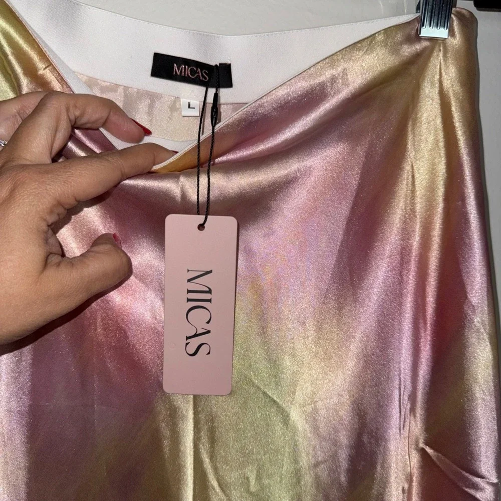 Micas‎ Pastel Tie-Dye Satin High wasited Midi Skirt Multicolor Flowy Large